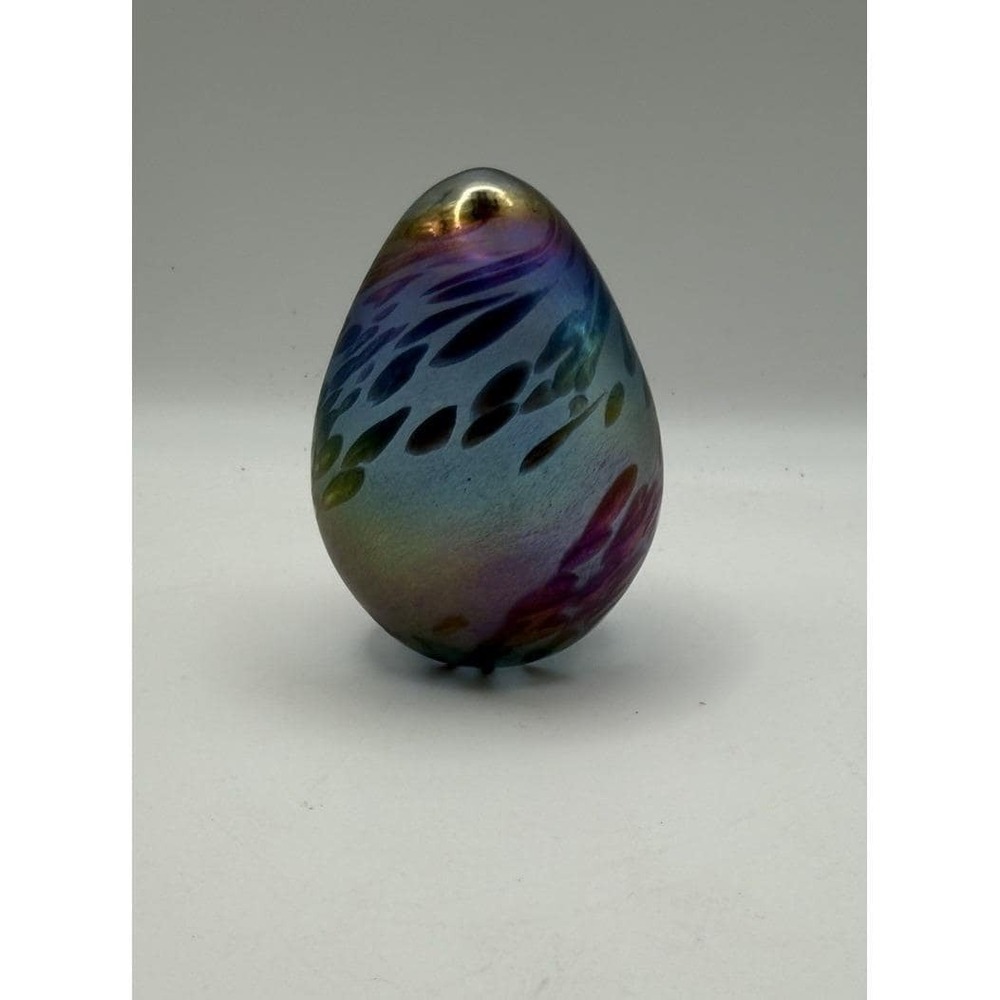 Signed 1991 OBG Studio Iridescent Art Glass Egg Paperweight 3" Blown